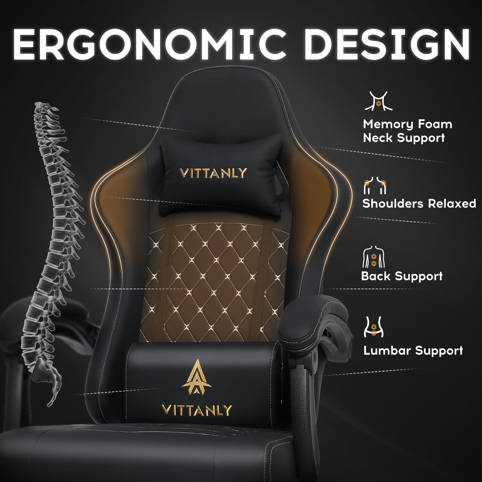 Vittanly Gaming Stuhl mit Frühling Kissen, Ergonomischer Gaming Chair Gamer Stuhl mit Kopfstütze, Lendenkissen und Fußstütze, Höhenverstellbarer Drehbarer Gaming Sessel Bürostuhl 150 kg, Schwarz 3