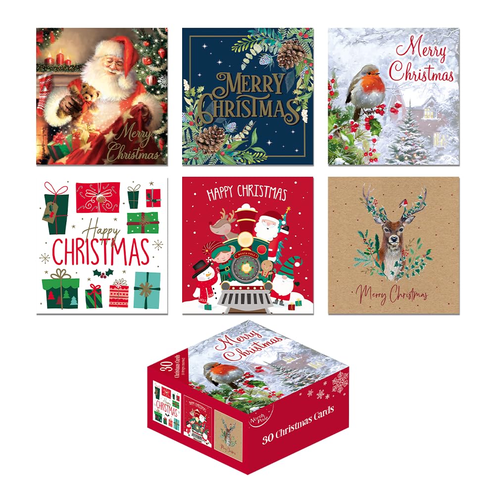 ZOPPER Charity Christmas Cards Pack of 30 with Envelopes – 6 Designs, Traditional Holiday & Xmas Greeting Card Set for Friends, Family, Colleagues and Loved Ones – Premium 110x110mm Cards