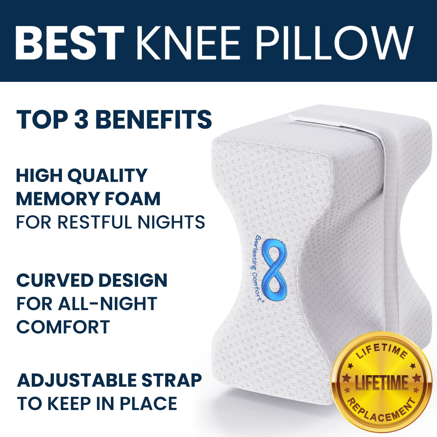 Everlasting Comfort Memory Foam Leg & Knee Pillow for Side Sleepers - Sciatica Pain Relief Leg Pillow for Side Sleeping - Adjustable Strap