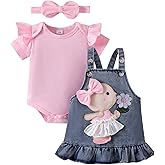 DOMOABEI Baby Girl Clothes Newborn Baby Girl Romper Ruffle Short Sleeve Cute Bear Cartoon Jeans Skirt Outfit Set 0-18 Months