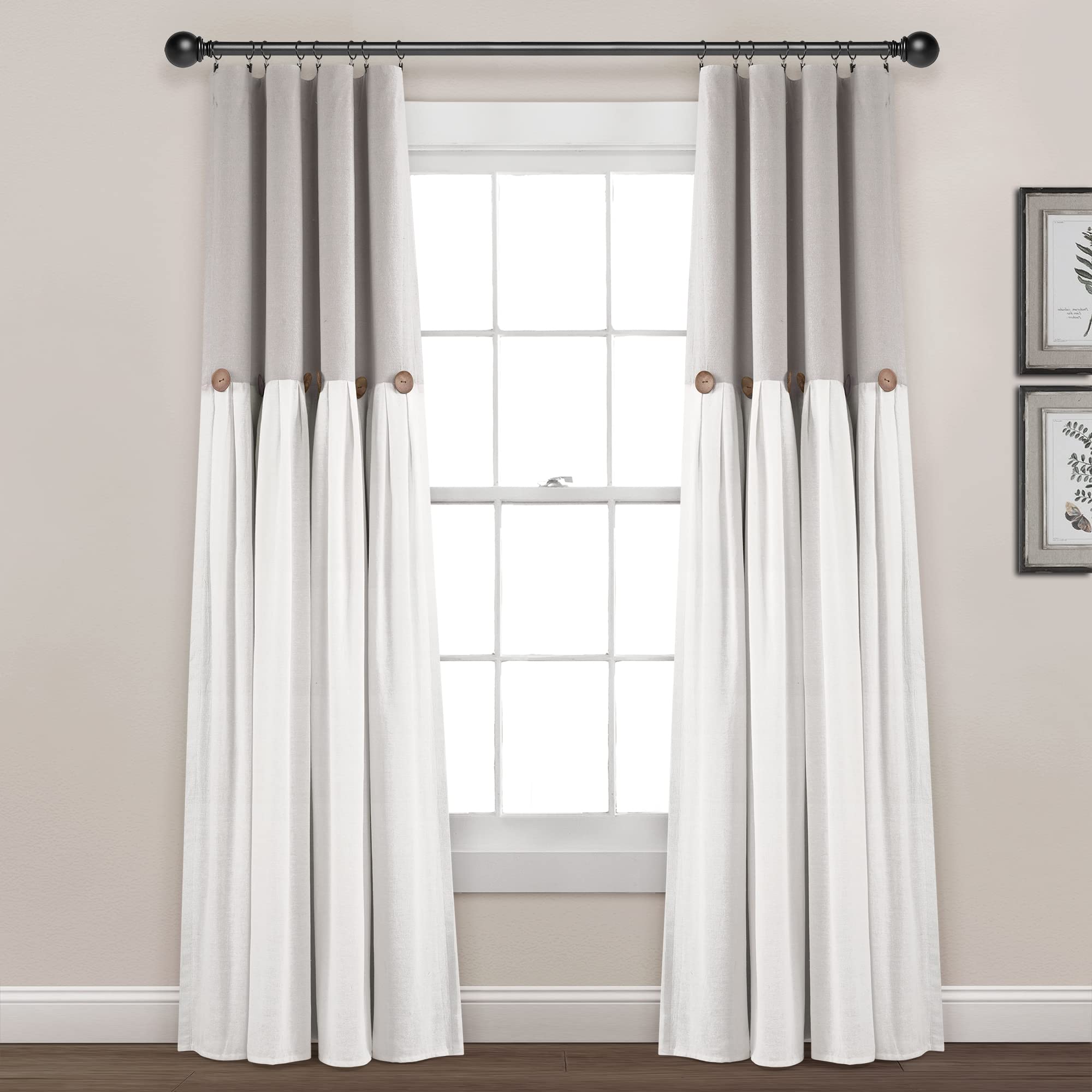 Lush Decor Linen Button 100% Lined Blackout Window Curtain Panel, Single, 40" W x 84" L, Gray & White - Blackout Curtains - Color Block - Farmhouse Curtains For Bedroom, Living Room & Dining Room