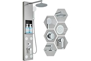 Stainless Steel Shower Panel Tower System with Adjustable Rainfall Shower and Shelf, 4 Jets Multi-Function Shower Panel Syste