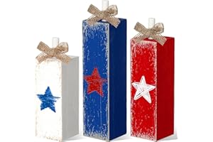 Seeloowy 3 Pcs Patriotic Decorations 4th of July Table Decor Red White Blue Decorations Memorial Day Wood Block Sign and Centerpiece for Home Office Independence Day Tiered Tray Decor(Stylish Style)