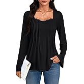 Umenlele Women's Sweetheart Neck Pleated Front Long Sleeve Casual Loose Tunic Tops Blouse