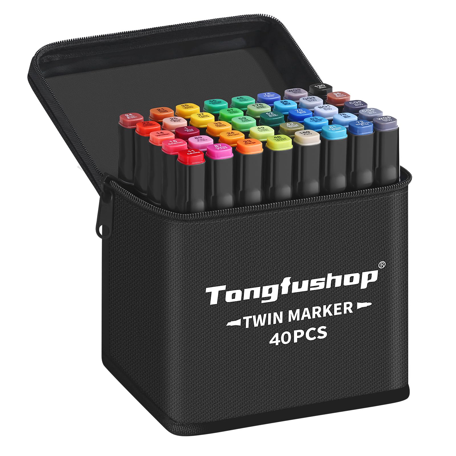 Tongfushop 40 Colored Marker Set, Colouring Pens for Adults, Dual Tip Art Alcohol Markers, Permanent Felt Tip Pens for Drawing, Sketching, Anime, Manga, Fun doodling with Carrying Case & Storage Base