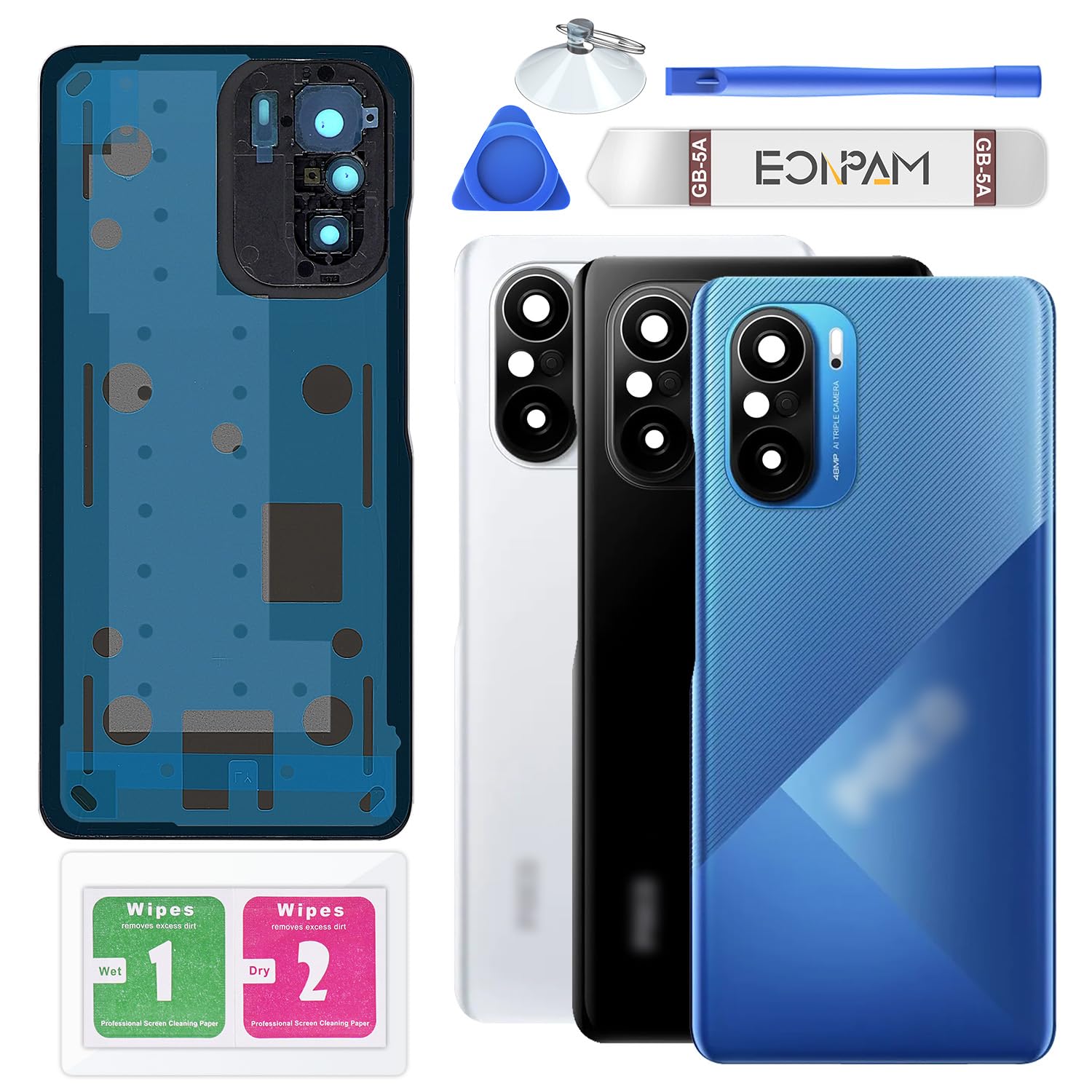 Eonpam Back Cover Glass for Xiaomi Poco F3 Rear Glass Replacement with Camera Lens + Repair Kit Genuine Rear Housing (Ocean Blue)