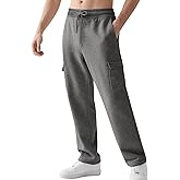 Gihuo Cargo Sweatpants for Men Athletic Baggy Fleece Pants Open Bottom Wide Leg Drawstring Joggers with Pockets