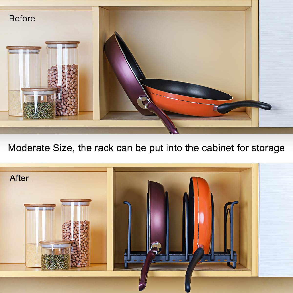 Pot and Pan Organizer Rack, Heavy Duty Pan Organizer Rack, 4-Tier Cookware Holder Pot Lid Organizer for Kitchen Cabinet Pantry and Shelves, Total 4 Adjustable Compartments, Black