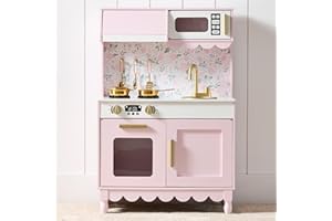 Best Choice Products Wooden Pretend Play Cottage Kitchen Kids Toy w/Storage, Scalloped Edge, 5 Accessories, Microwave, Oven, Clicking Knobs - Pink