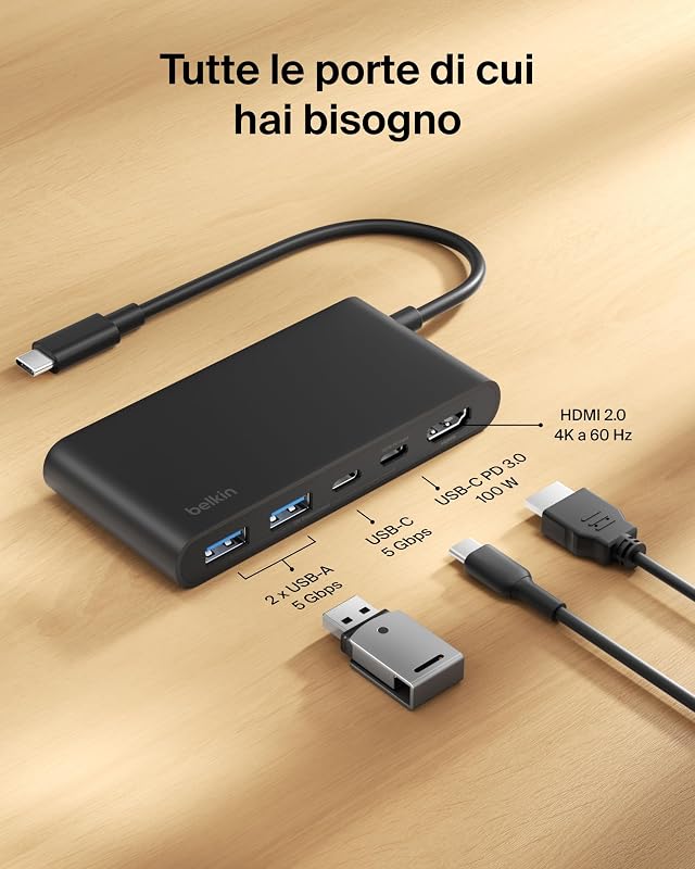Hub USB-C a 5 Porte con HDMI 4K a 60 Hz, Power Delivery 100W, Trasferimenti Dati Rapidi da 5Gbps, Adattatore USBC Multiporta per MacBook, iPad Pro, Cromebook, HDMI 2.0 Aggiornato - Nero