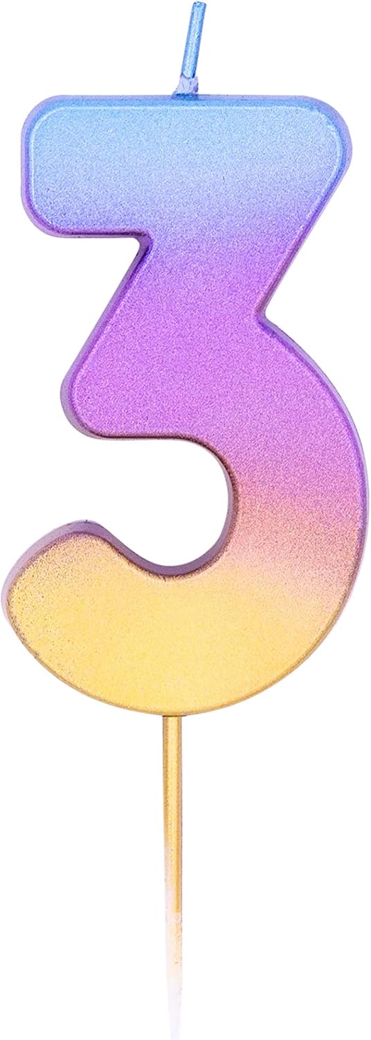 Pioneer Party 3 Number Candle, Age 3 Candle, 3rd Third Birthday Candle, 15836, Rainbow Ombre, Ombre Rainbow, Age Three