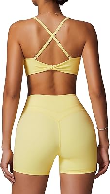 Sport Set Damen für Fitness: Gym Set 2 teilig mit V-Ausschnitt Twist zurück BH und Leggings kurz - Sommer Sportkleidung für Yoga, Pilates und Workout gelb S