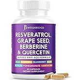 JB Wellness Resveratrol Grape Seed Extract, Berberine, Quercetin - Polyphenol Supplement for Women and Men with Noni Extract, N-Acetyl Cysteine, Acai Extract - 60 Capsules