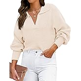 ZESICA Women's Fall Lapel Collar V Neck Long Sleeve Ribbed Knit Comfy Loose Casual Pullover Sweater Jumper Top