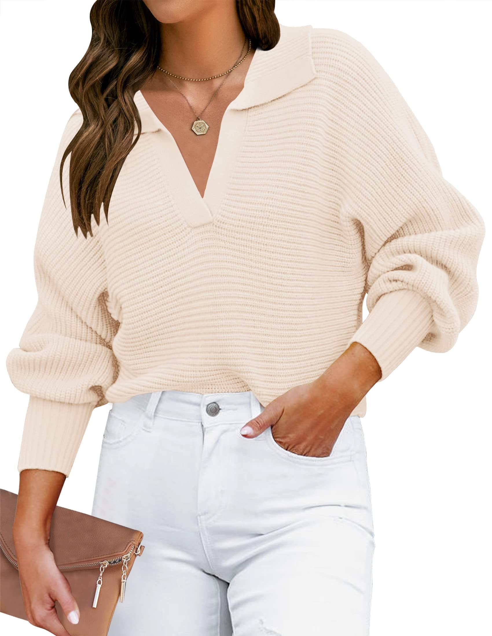 Photo 1 of (medium) (bagged) (used/fair) ZESICA Women's Fall Lapel Collar V Neck Long Sleeve Ribbed Knit Comfy Loose Casual Pullover Sweater Jumper Top,Beige,Medium