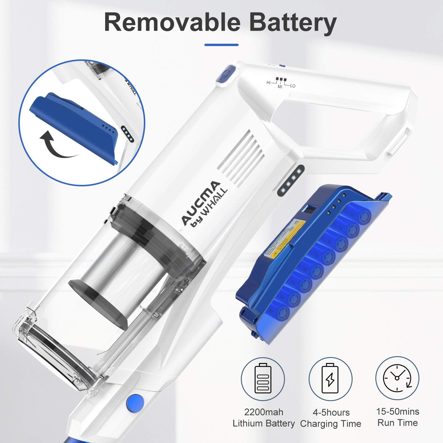 Cordless Vacuum Cleaner, Aucma by whall 3 Suction Modes 250W Brushless Motor Cordless Stick Vacuum cleaner up to 50 mins Runtime 4 in 1 Lightweight Handheld Vacuum for Home Hard Floor Carpet Pet Hair -
