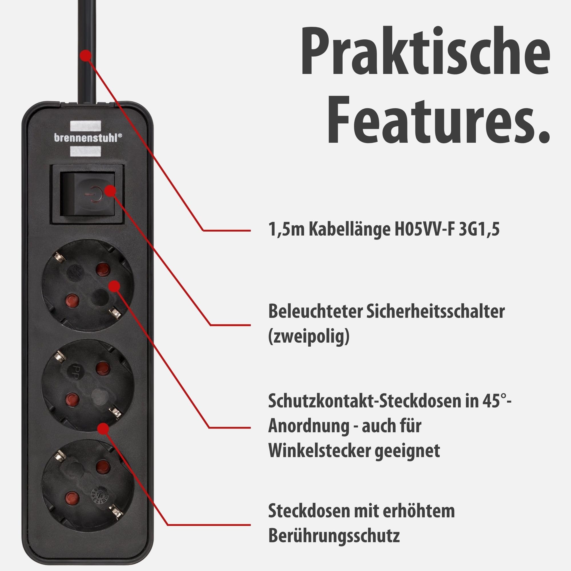 Brennenstuhl Ecolor Steckdosenleiste 3-Fach (Mehrfachsteckdose mit Schalter und 1,5m Kabel) schwarz 3