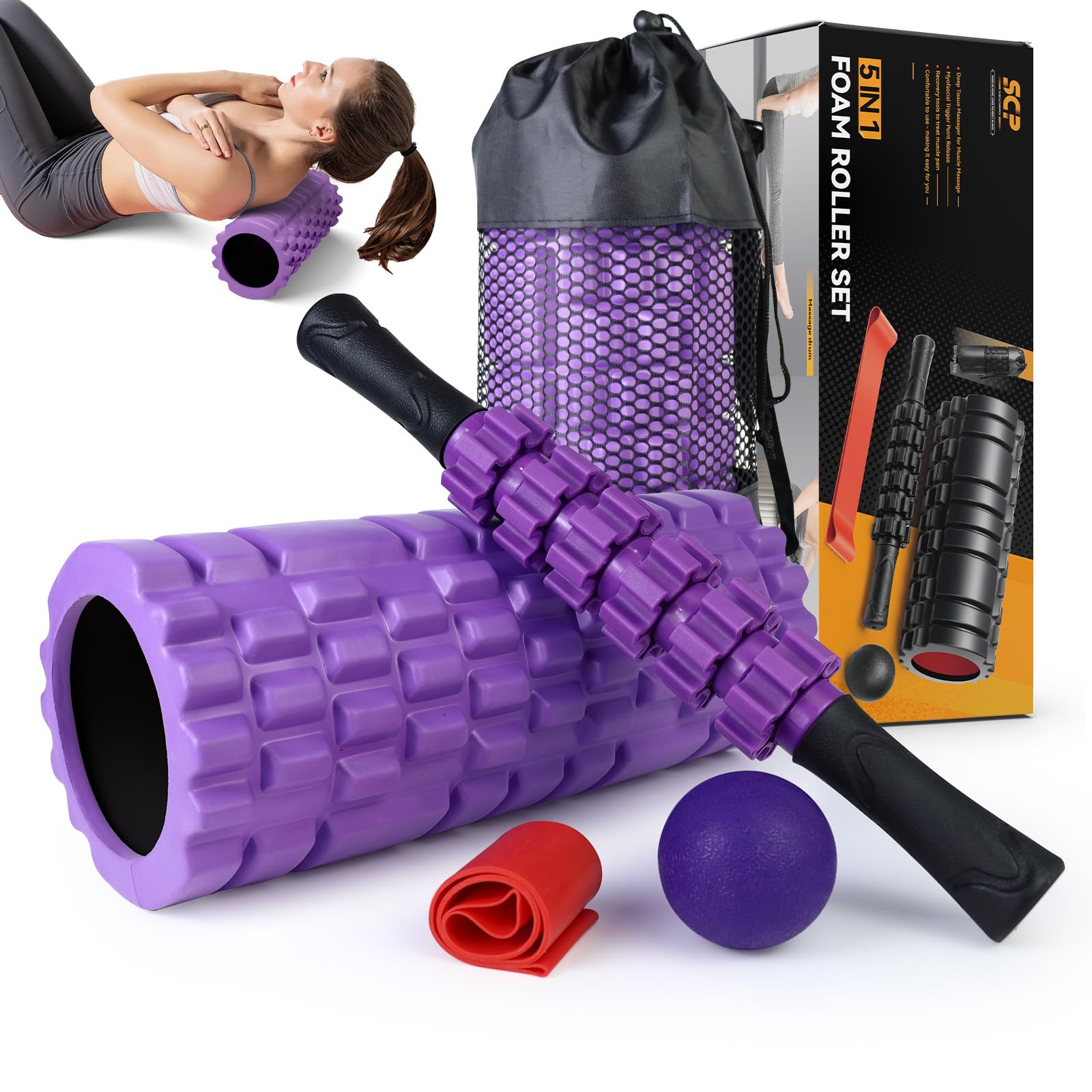 Photo 1 of 5 in 1 Foam Roller Set for Deep Tissue Muscle Massage, High Density Trigger Point Fitness Patented Exercise Foam Roller, Massage Roller, Massage Ball, Resistance Band, for Whole Body(Purple)