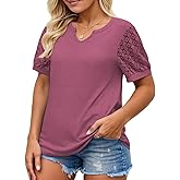 VISILILY Plus-Size-Womens-Summer-Tops 2025 Trendy Notch V Neck T Shirts Cute Lace Short Sleeve Tunics Casual Blouses XL-5XL