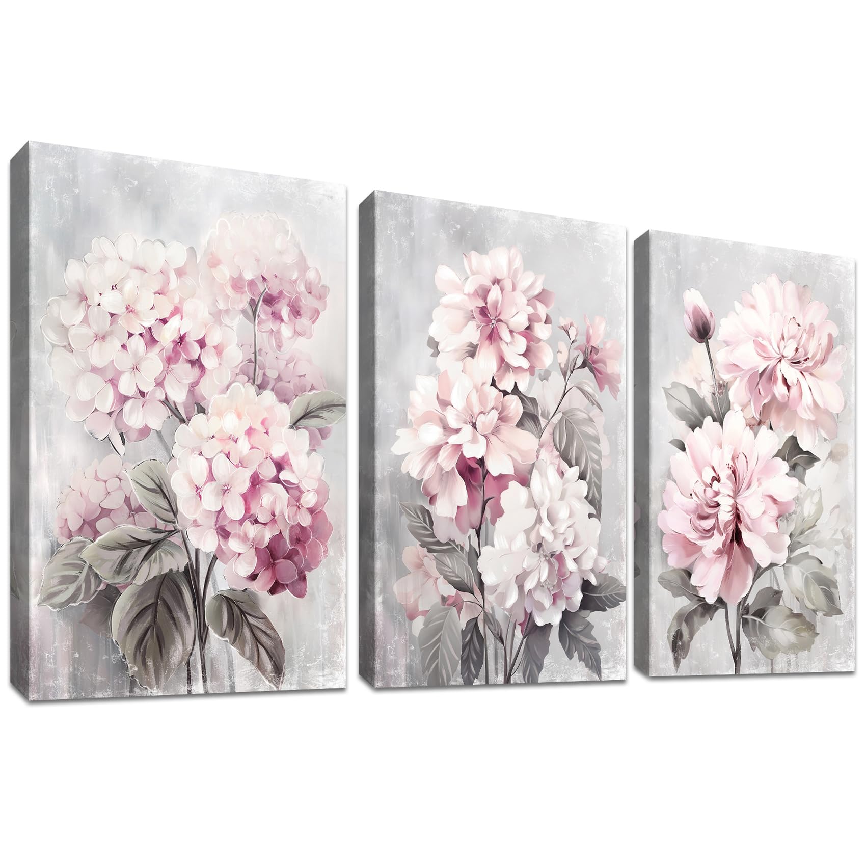 3 Pcs Wooden Framed Blush Grey Pink Canvas Wall Art Pink Hydrangeas Peonies Floral Blossom Canvas Painting Pictures for Living Room Bedroom Bathroom Hallway Home Wall Decoration 120x60cm(16"x24"x3pcs) — image 1