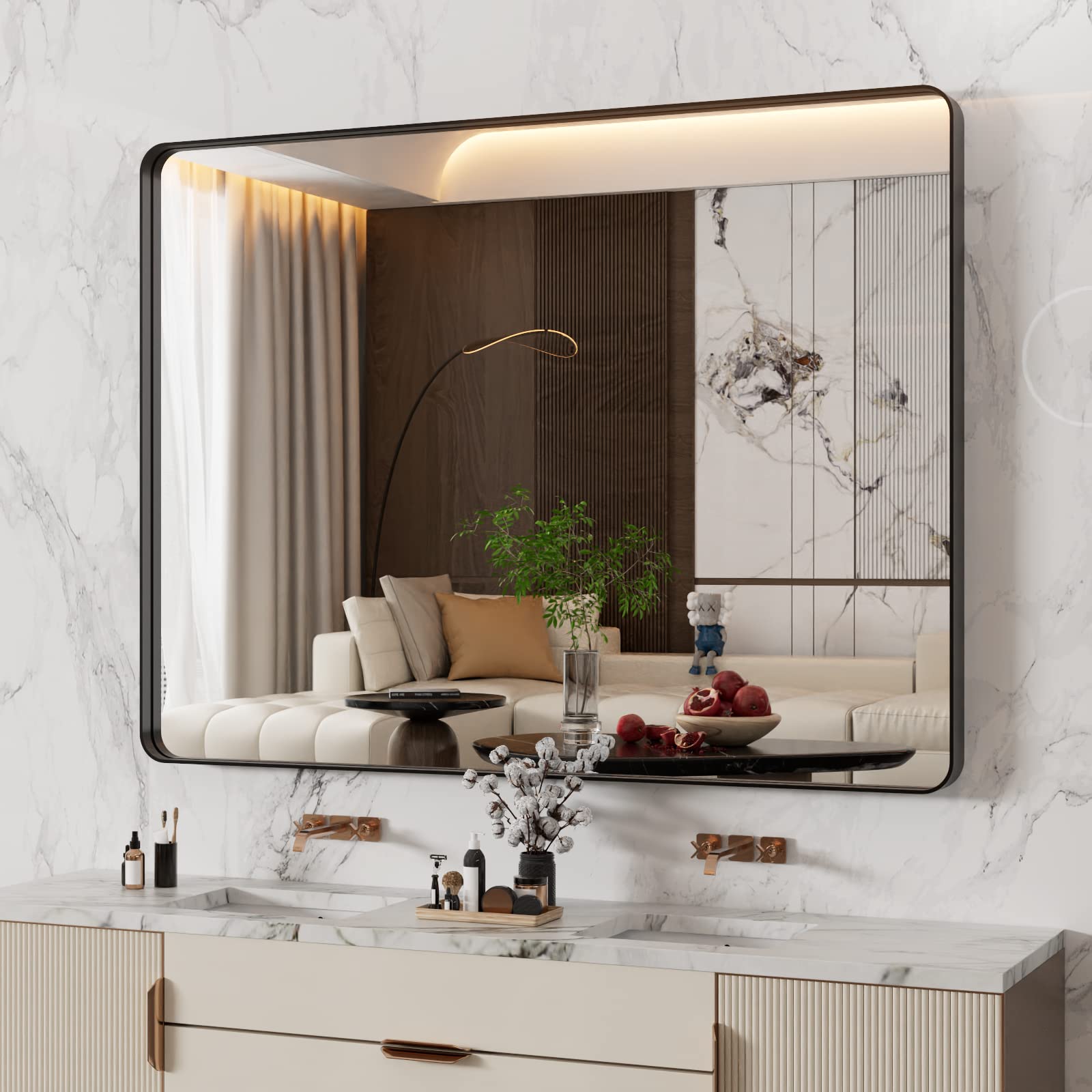 WEER Black Bathroom Mirror 48X36 Inch, Matte Black Bathroom Vanity Mirror Farmhouse, Large Rounded Rectangle Black Metal Framed, Anti-Rust, Tempered Glass, Hangs Horizontally or Vertically Image