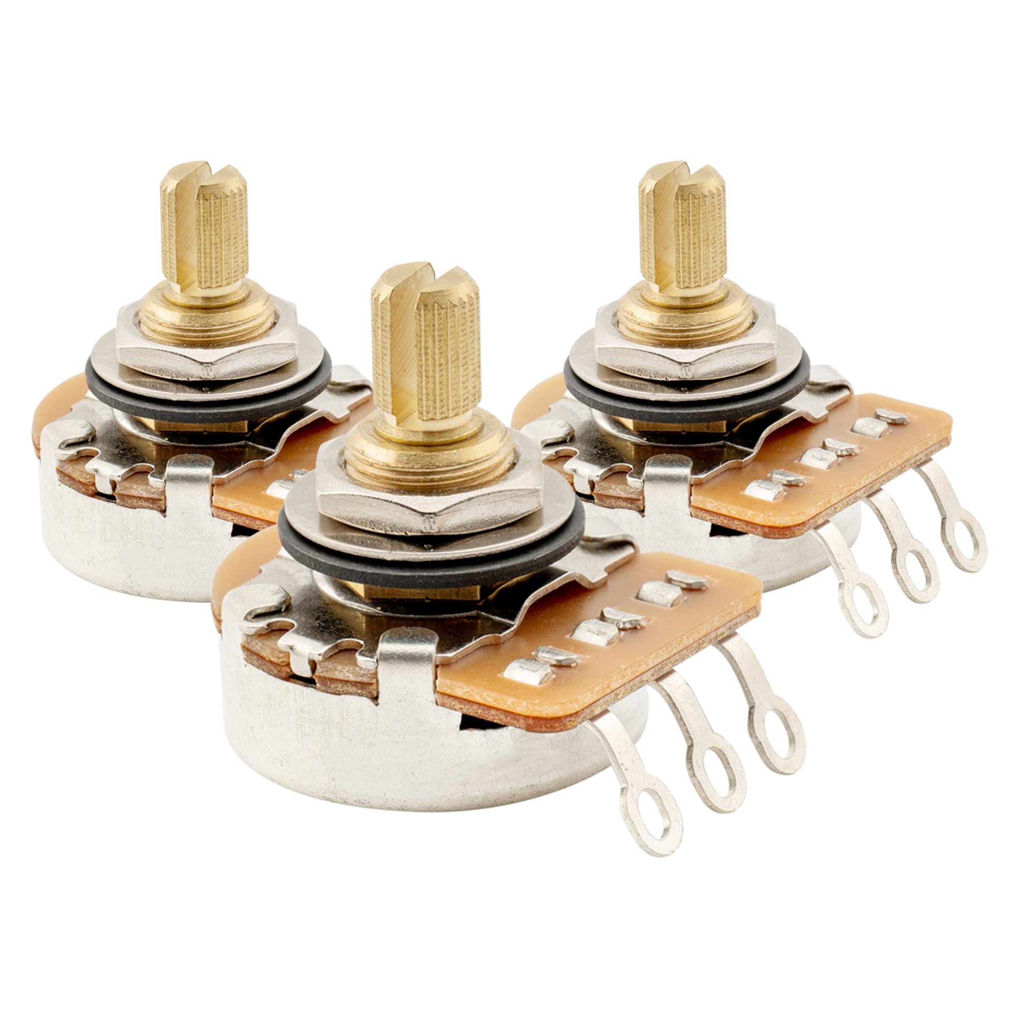 Musiclily Pro HD A250K Full Brass Inch Sized Fine 24-Spline Split Shaft Pot Audio Taper Potentiometers for Electric Guitar Bass (Set of 3)