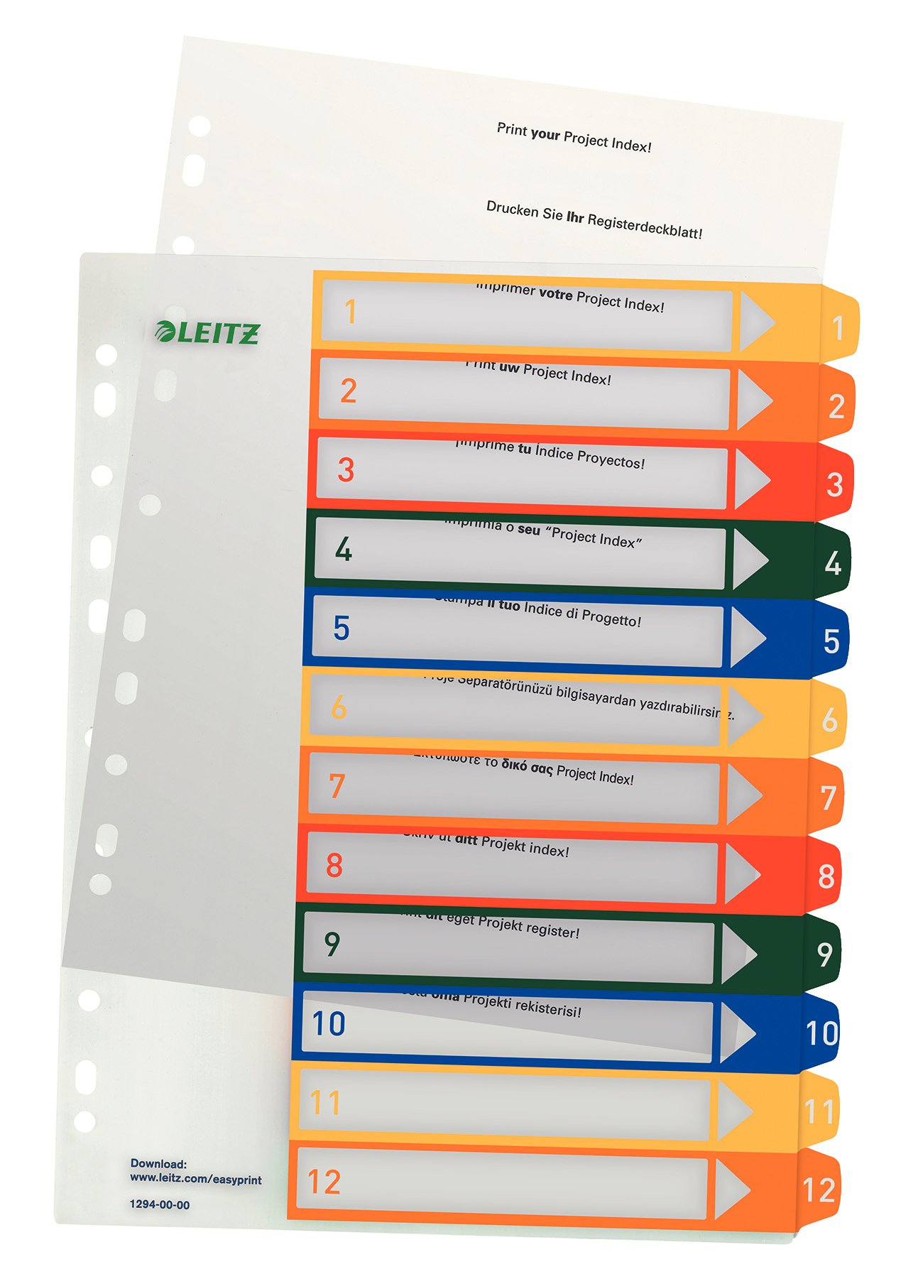 Leitz 12940000 A4 1-12 Index, PC-Printable, Heavy Duty Plastic, White/Multicolour