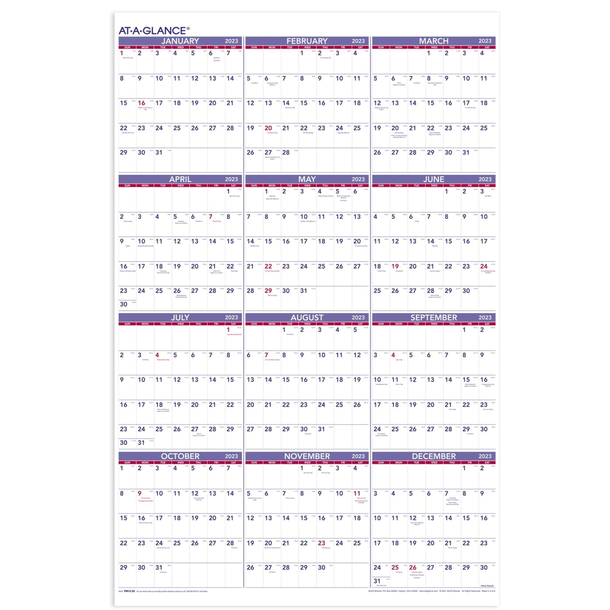 AT-A-GLANCE 2023 Wall Calendar, 24" x 36", Extra Large, Monthly, Paper (PM1228), Blue