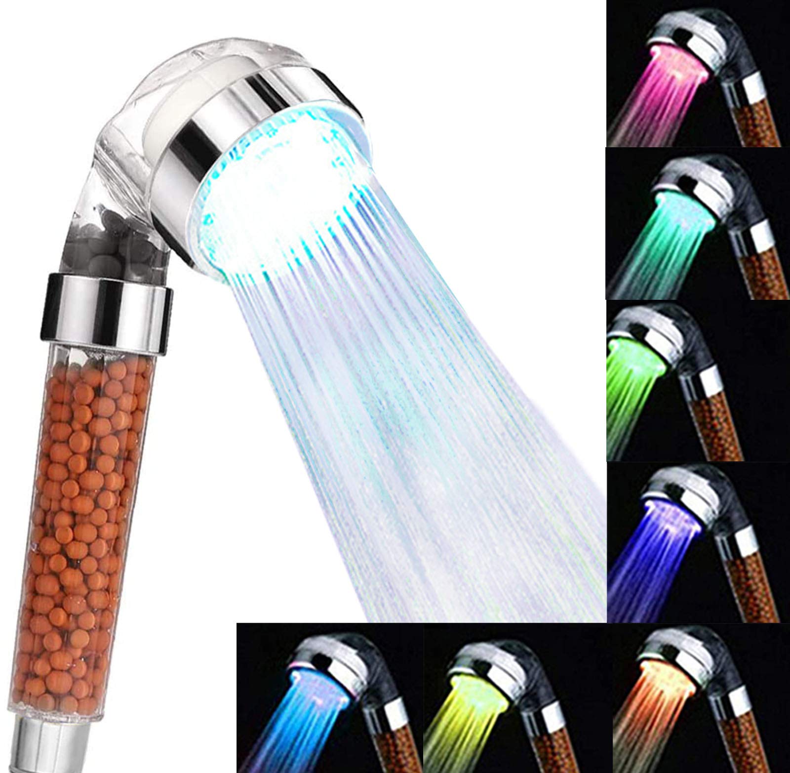Shower Head, High Pressure Boosting Water Saving, Led Shower Head with 7 Colour Changing, Handheld Shower with Ionic and Stone Filter for SPA