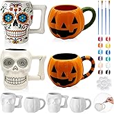 LOYIM Set of 4 Halloween Ceramic to Paint Halloween Craft Adult Paint Your Own Mug Gothic Pumpkin Skeleton Skull Coloring Mug DIY Craft Kit with Paints, Brushes, Palette for Day of The Dead Art Supply