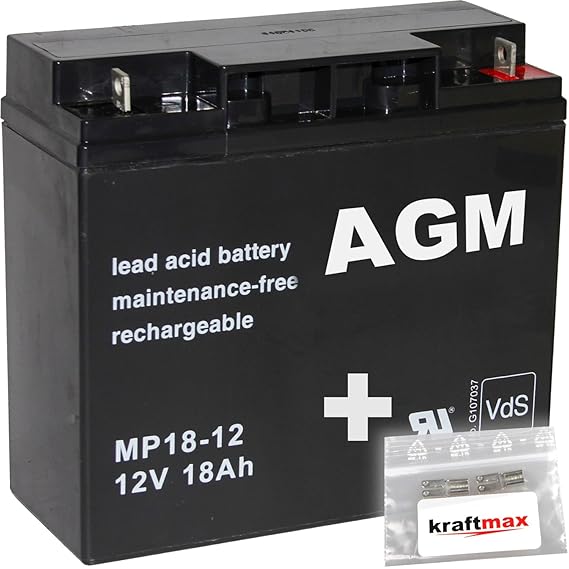 1x AGM 12V / 18Ah Blei-Akku - MP18-12 [ M5 - Bolzen inkl. Schraube und Mutter ] VdS geprüft - inkl. 2x Original Kraftmax Ansc