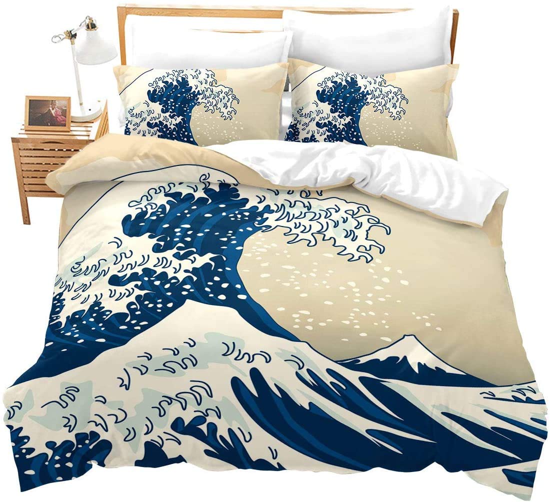 Wave Duvet Cover Set, Sea Ocean Waves Nautical Bedding Set Hand Drawn Japanese Motifs Illustration Wave Bedding Ukiyoe Themed Decorative Comforter Cover with Zipper Closure, King, Blue Cream — image 1