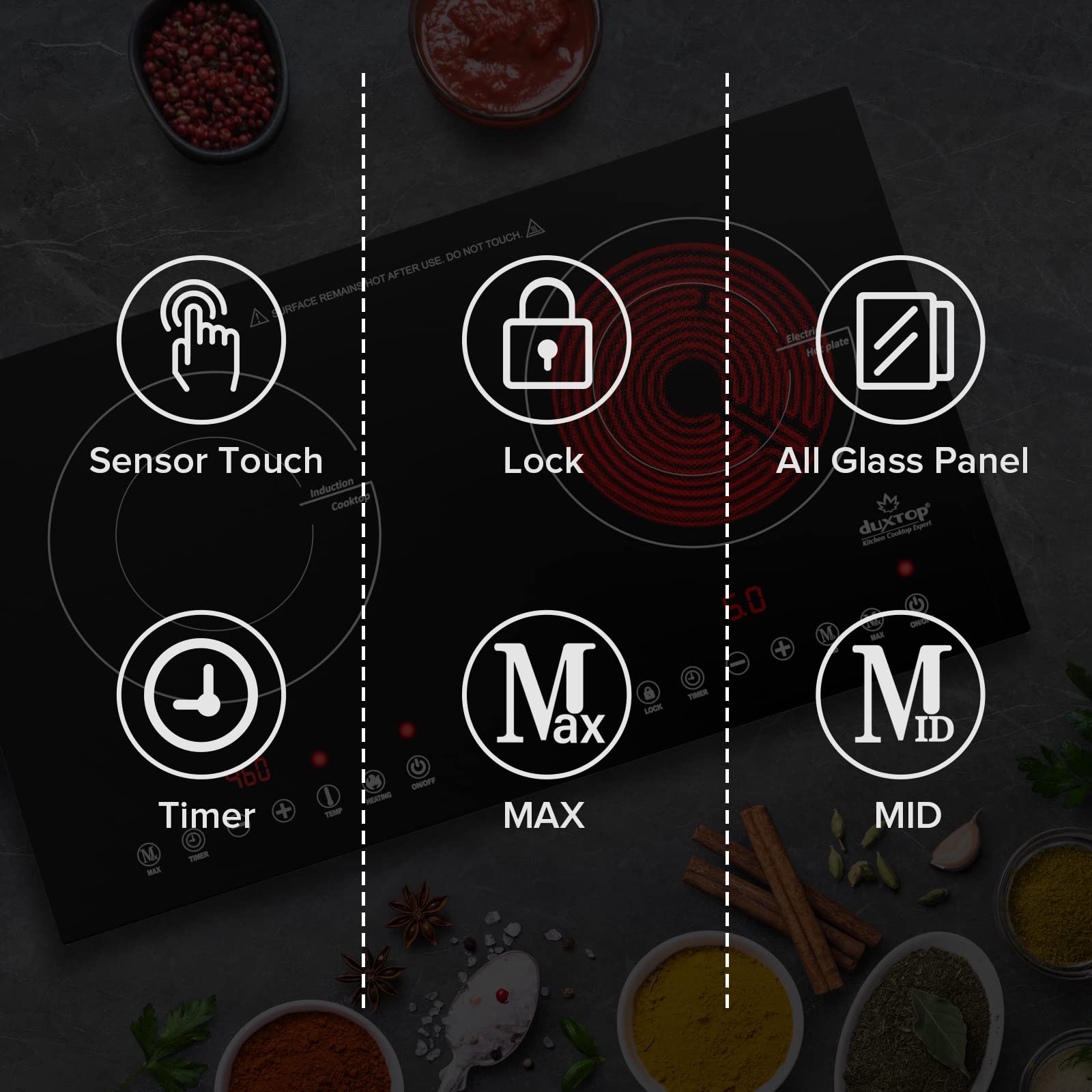 Duxtop 1800W Induction Cooktop 2 Burner, Built-In Induction Burners, Double Induction and Infrared Cooktop, Electric Hot Plate for Cooking, Electric Stove with Sensor Touch Control, 9820HLBI