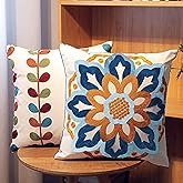 KITTMIN Boho Embroidery Throw Pillow Covers 18x18 (Set of 2) - Mix & Match Sunflower & Leaf Floral Design, Premium Cotton Canvas Cushion Cases for Farmhouse Decor, Yellow & Orange, No Insert