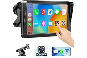 MRQ Portable Wireless Carplay Screen for Car Apple Carplay&Android Auto, 7" HD Touch Screen Car Stereo with 1080P Backup Camera/GPS Navigation/Mirror Link/Voice Control/Aux Fits Cars