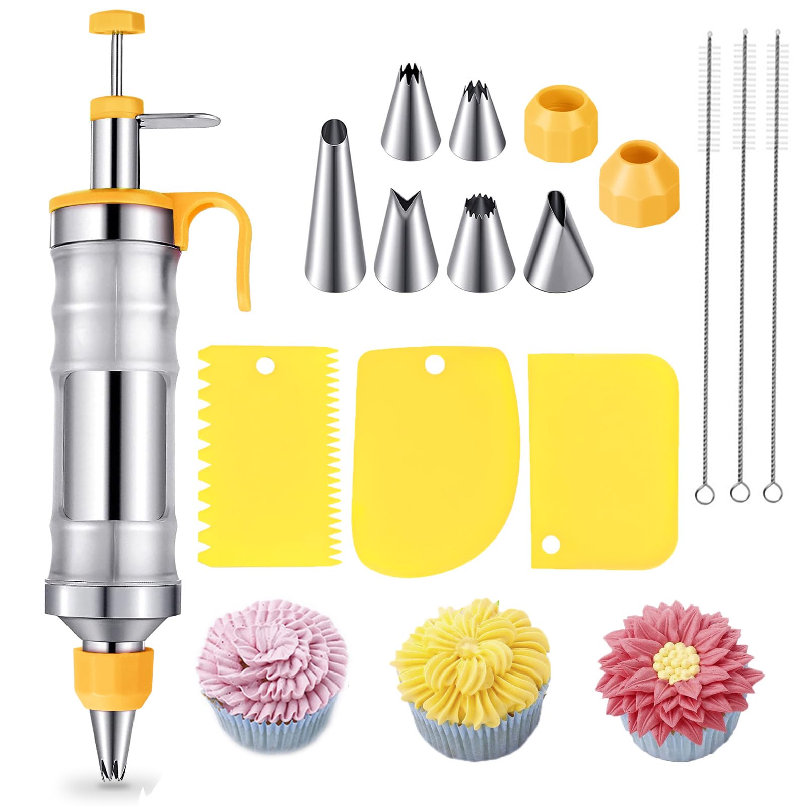 Cake Syringe Stainless Steel,400ml Cake Syringe Reusable,Professional Cream Syringe,Dessert Decorating Syringe with 6 spouts,Cake Accessories for Cupcakes,Cake Decorating-Yellow