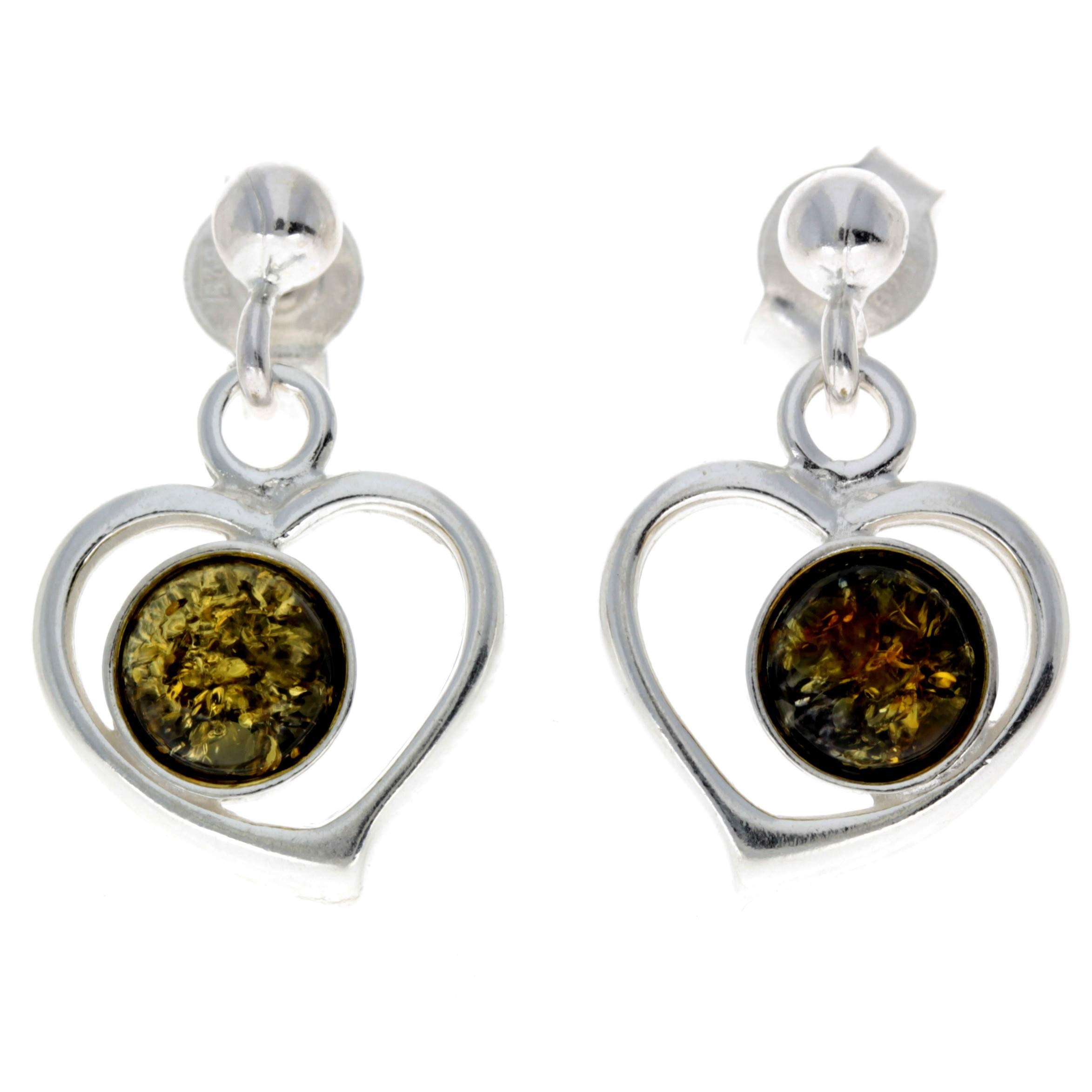 Modern Genuine Natural Green Baltic Amber and 925 Sterling Silver Drop Studs Hearts Earrings 5348G