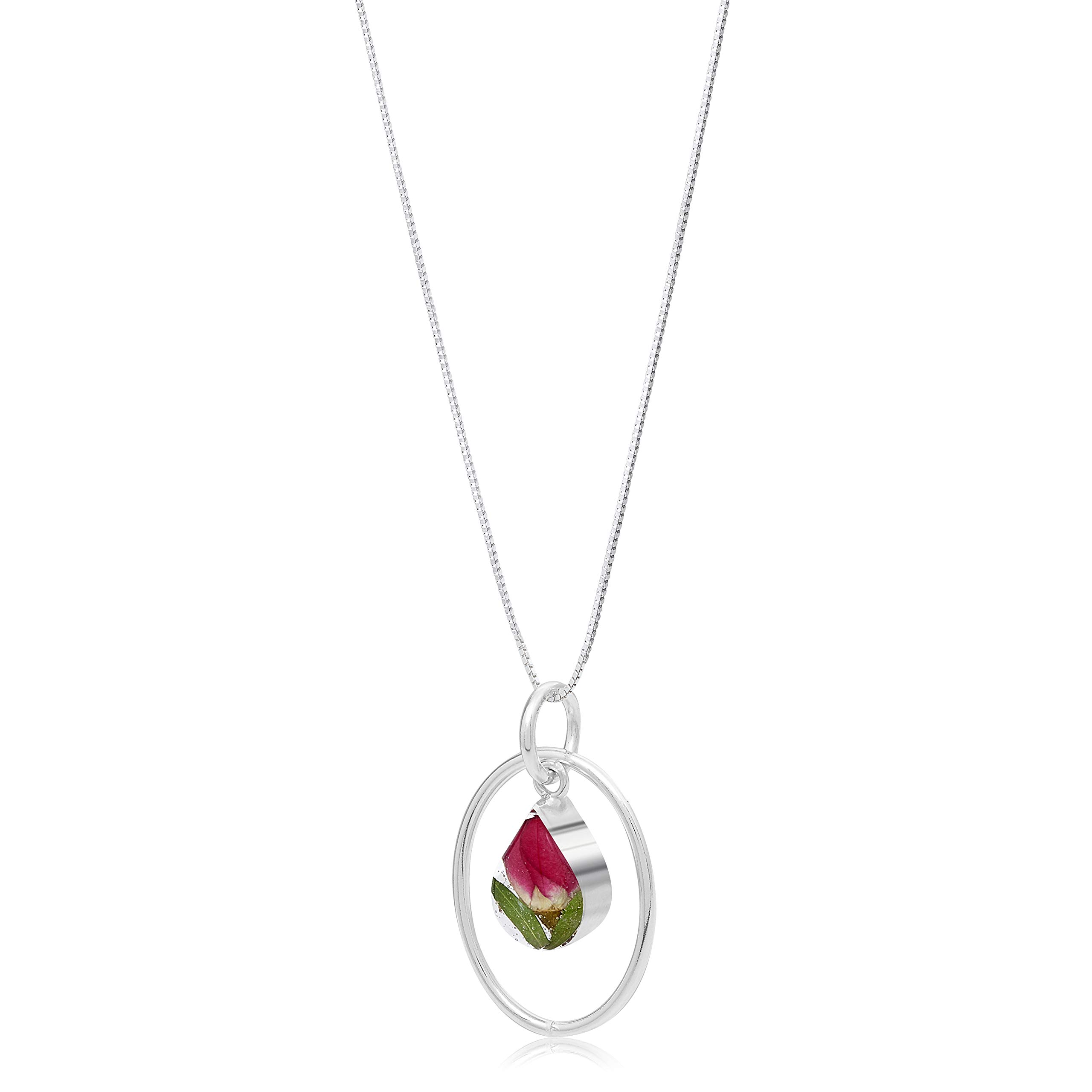 Shrieking Violet 925 Sterling Silver Teardrop Hoop Real Flower Pendant Necklace - Rose (Red) — image 1