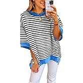 XINWEIZZ Oversized T Shirts for Women Casual Short Sleeve Striped Knit Shirt Crewneck Sweatshirts High Low Loose Blouse Tops