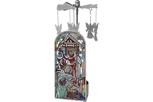 BANBERRY DESIGNS Nativity Rotating Candle Holder with Silver Spinning Angels - Holy Family Christmas Candle Spinner - Tea Light Candle Included - 6" X 1.75"