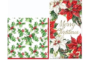 Cyrix 40Pcs Christmas Paper Napkins Disposable Dessert Cocktail Napkins 7.9x4.3 Poinsettia and 6.5x6.5 Holly Designs Red and 