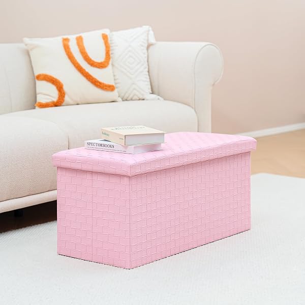 B FSOBEIIALEO FOLDING STORAGE OTTOMAN, FAUX LEATHER FOOTREST SEAT LONG SHOES BENCH BOX CHEST, PINK 30″X15″X15″