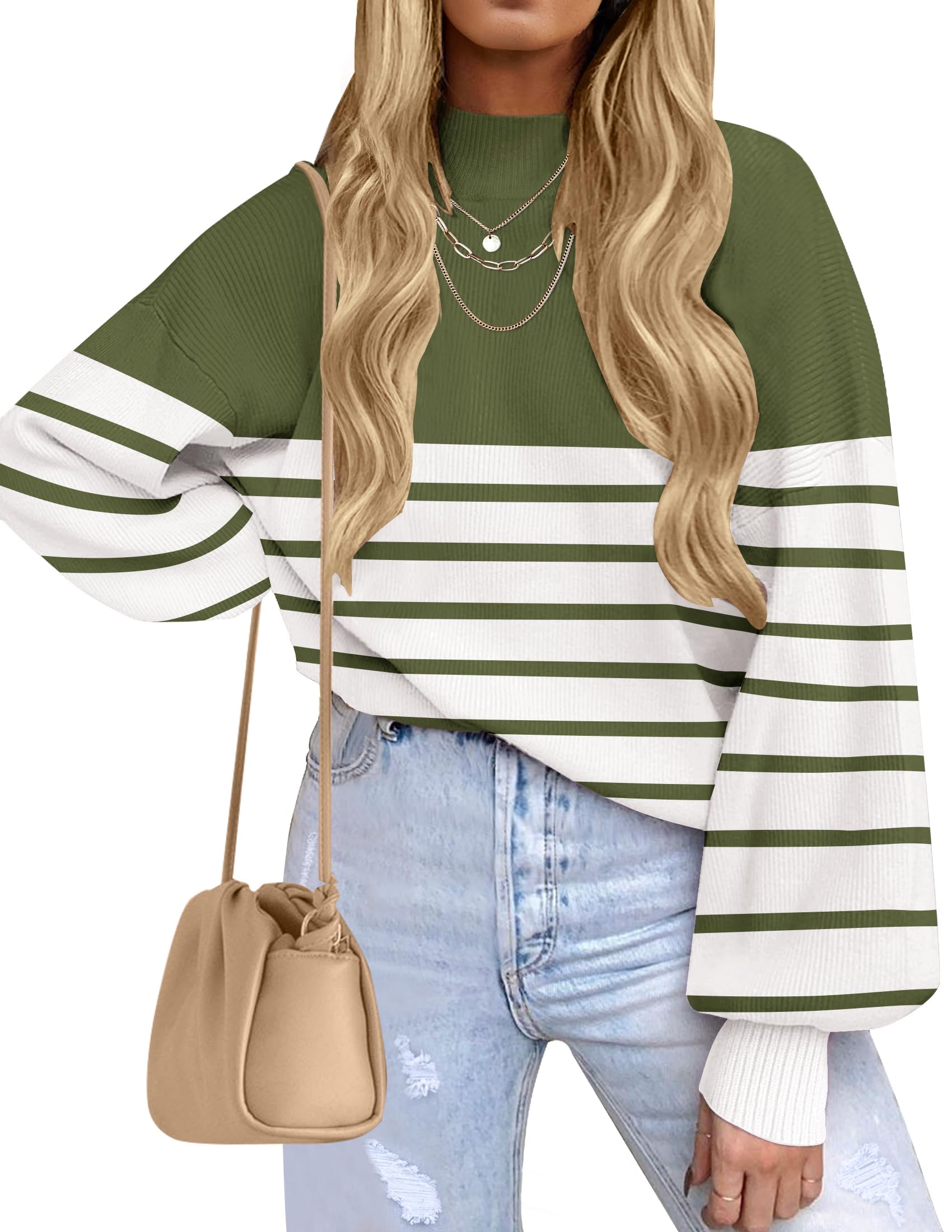 ZESICA Women's 2026 Fall Fashion Turtleneck Long Sleeve Striped Ribbed Knit Loose Pullover Sweater Tops,Army Green,Medium Image