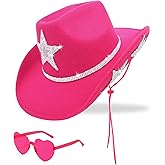 YBHOMINE White Cowgirl Hat with Heart Sunglasses - Cowboy Hat with Glitter Star Fits Women for Bachelorette Themed Party (Hot Pink Star)