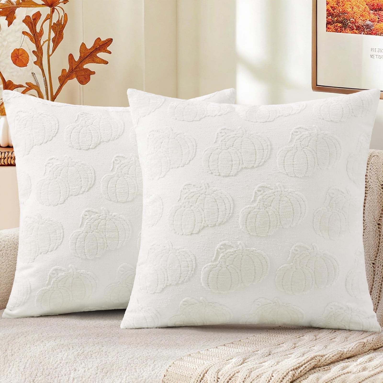 Photo 1 of decorUhome Fall Decorative Two Cream White Pumpkins Throw Pillow Covers 20x20 Set of 2, Soft Chenille Jacquard Farmhouse Textured Pillow Covers for Couch Bed Sofa Autumn Harvest Halloween Holiday