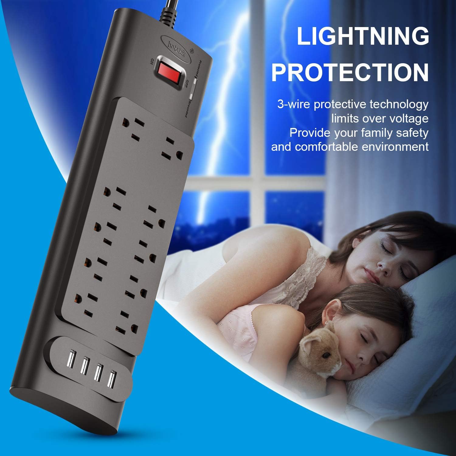 Power Strip, Bototek Surge Protector with 10 AC Outlets and 4 USB Charging Ports,1875W/15A, 2100 Joules, 6 Feet Long Extension Cord for Smartphone Tablets Home,Office, Hotel- Black: Electronics