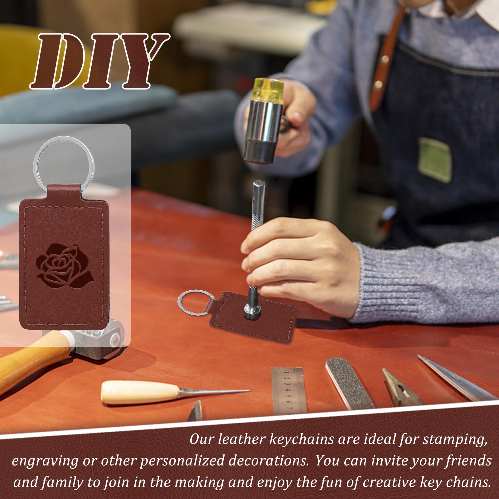 Rectangular Leather Key Fob Kit, 10 Pcs PU Leather Key Fobs with Rivets and Keychain Ring, Keychains Holder for Keychain Making Diy Craft Working