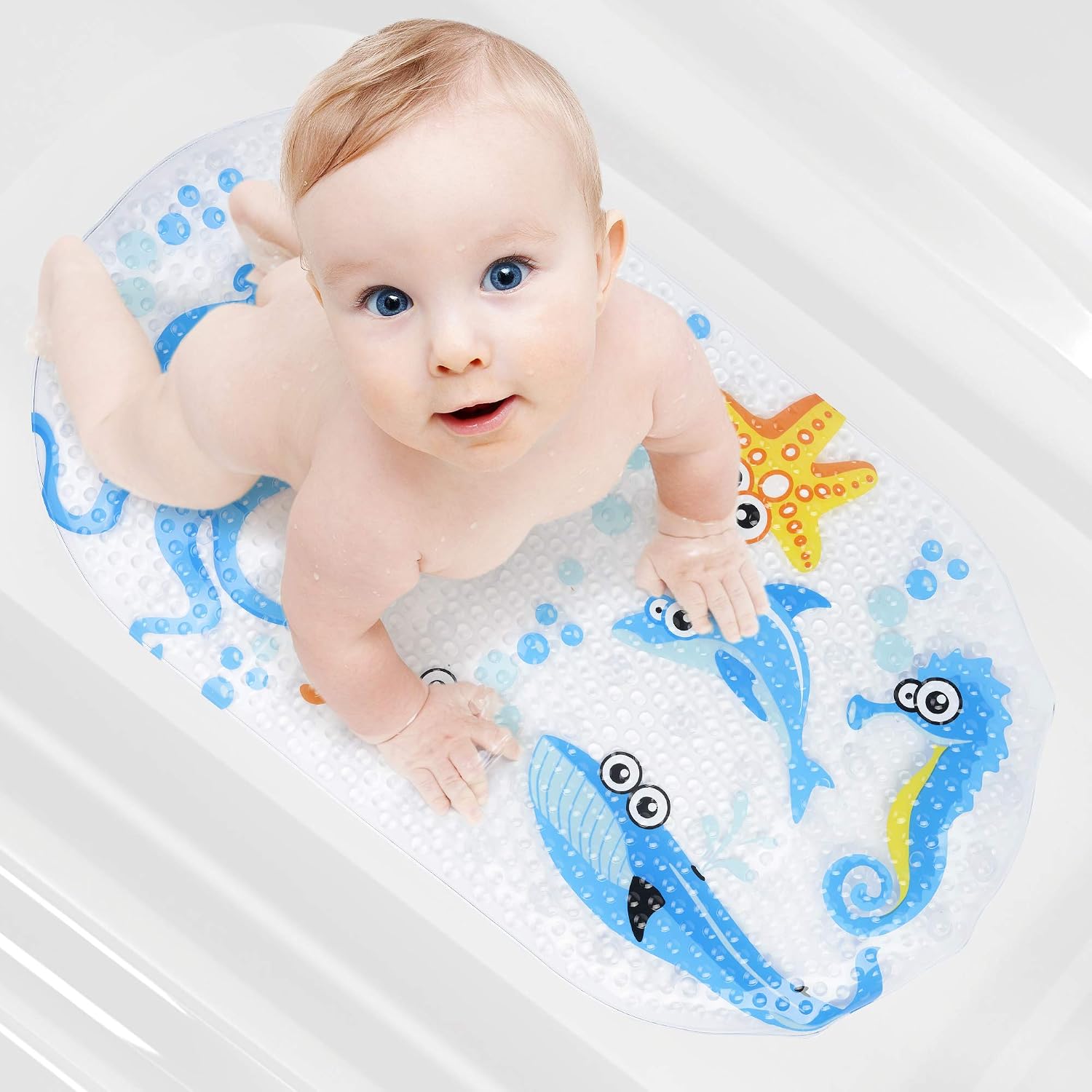 Chuckle Sea Animals Anti-Slip Baby Bath Mat - Large 69 x 39cm PVC Safety Mat with Strong Suction Cups, Blue, 69 x 39 cm - Image 4
