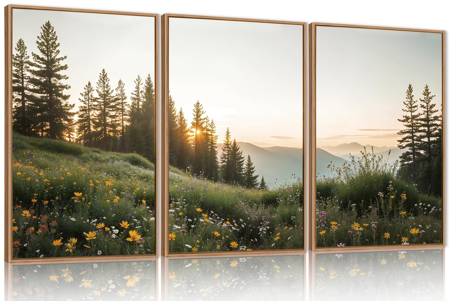 Photo 1 of FWIEXA Green Forest Mountain Framed Canvas Wall Art Set, Wildflower Meadow Wall Decor, Floral Pictures Artwork, Nature Sunset Landscape Art Prints for Living Room, Bedroom, Office - Size 24"x36"x3