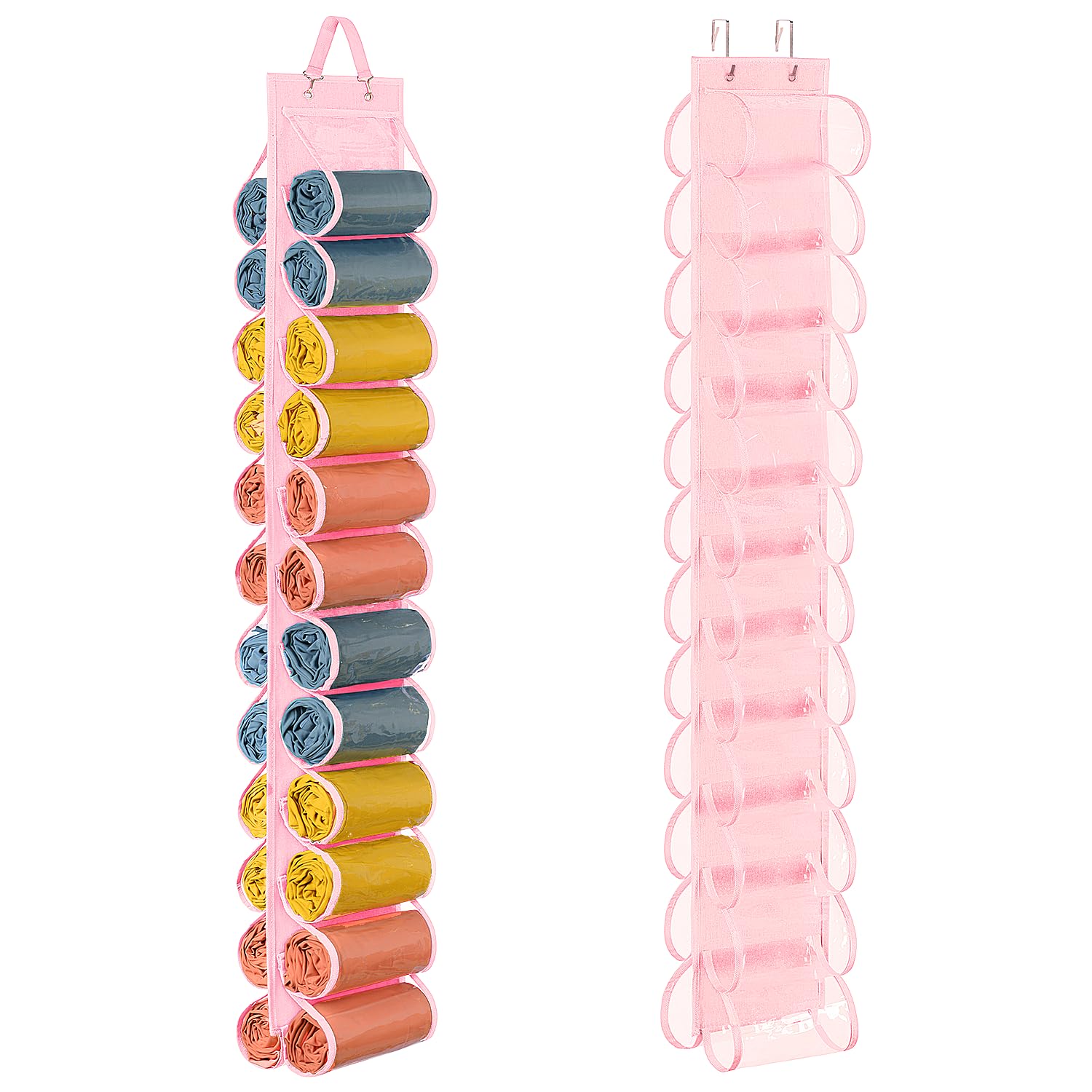 Lirex Hanging Yoga Legging Storage Organizer with 24 Pockets, Foldable Oxford Cloth Hanging Closet Organizer Shirts Jeans Storage Hanger Socks Holder for Family Closet Bedroom, Pink